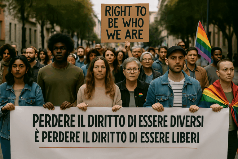 Immagine realistica generata dall'IA di un gruppo di persone manifestanti, di età, etnie, culture, genere e orientamento sessuale diversi. Le persone in prima fila stringono uno striscione con scritto "Perdere il diritto di essere diversi è perdere il diritto di essere liberi" e sullo sfondo si legge un altro cartello con la scritta "Right to be who we are".